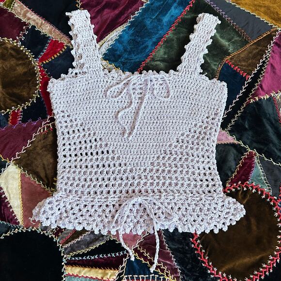 Vintage 60s Lilac Hand Knit Crochet Sweetheart Peplum Coquette Tank Top XS - Picture 3 of 5